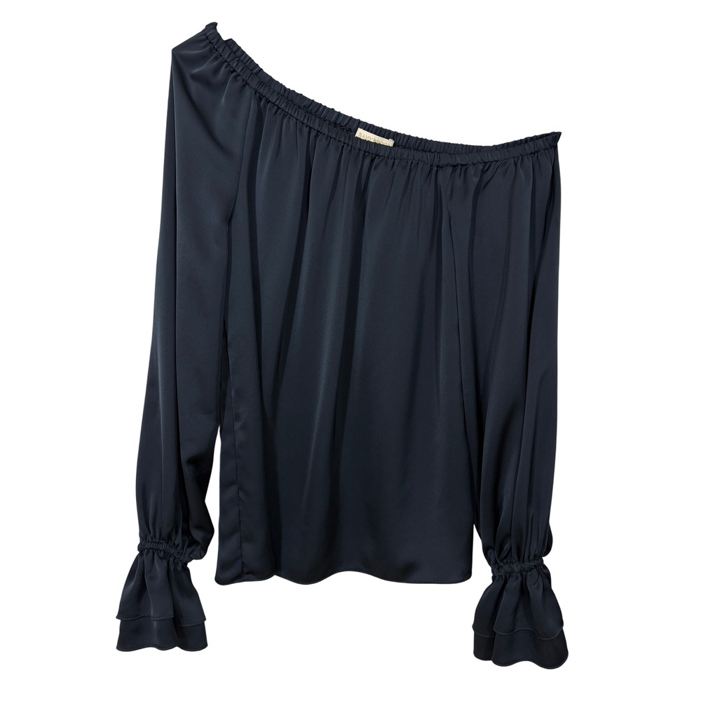 Ramy Brook Navy Blue One Shoulder Ruffle Cuff Satin Blouse XS